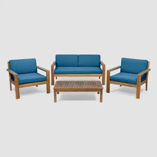 Santa Ana 4pc Acacia Wood Chat Set Teak/Dark Teal - Christopher Knight Home image {1}