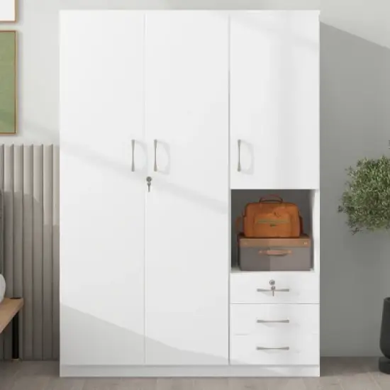 TIRAMISUBEST 3-Door Shutter Wardrobe with shelves - Mobile Lateral Filing Cabinet, Locking Wheels, Adjustable Shelf image {2}