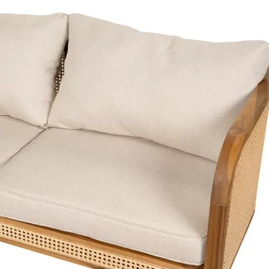 Christopher Knight Home Maciej 56" Patio Rustic Acacia Wood Upholstered Sofa with Rattan-Wrapped Frame image {6}