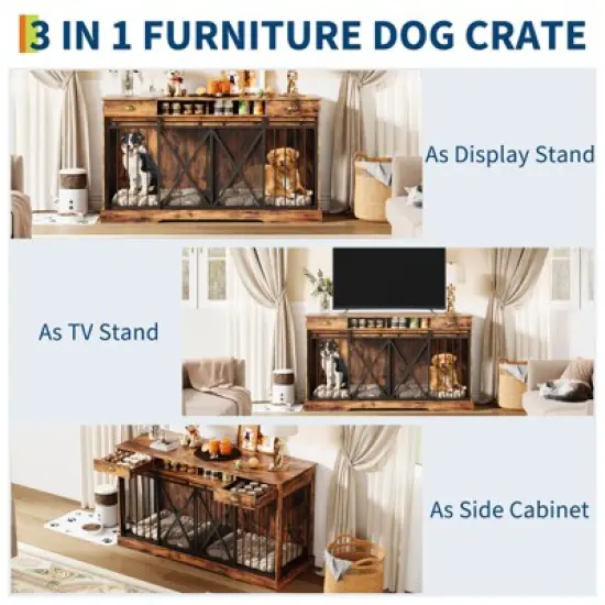 63'' Extra Large Double Dog Crate with Removable Divider, Heavy Duty Dog Kennel Furniture with 2 Drawers, Indoor Pet Cage TV Stand for 2 Pets, Brown image {7}