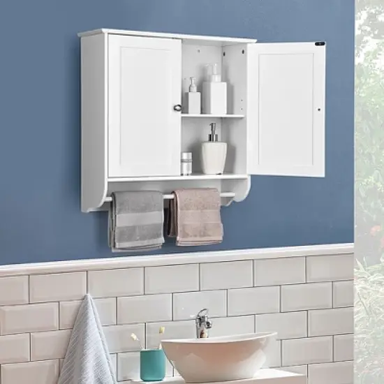 Costway Wall Mounted Bathroom Medicine Cabinet Storage Cupboard with Towel Bar Brown/Grey image {9}