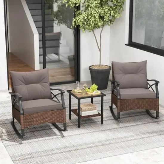 Costway 3 PCS Patio Rocker Set with 2-Tier Coffee Table & Soft Seat Back Cushions Outdoor image {10}