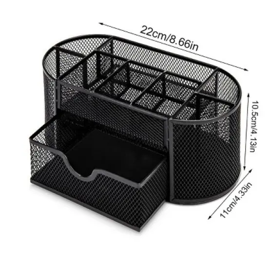 Aghana Digitals 8-Compartment Metal Mesh Desk Organizer with Drawer - Black Stationery Holder image {8}