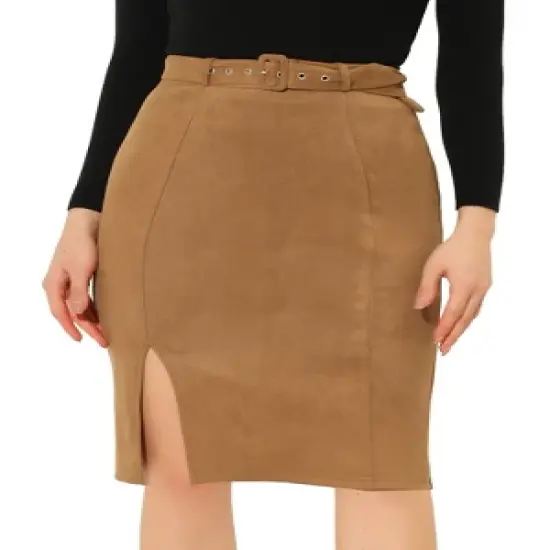 Allegra K Women's Faux Suede High Waist Belted Knee Length Slit Pencil Skirt image {5}