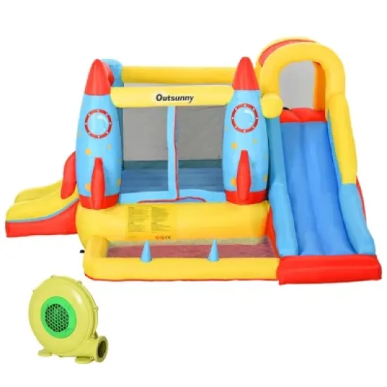 Outsunny 4-in-1 Kids Inflatable Bounce House Jumping Castle with 2 Slides, Climbing Wall, Trampoline, & Water Pool Area, Air Blower image {3}