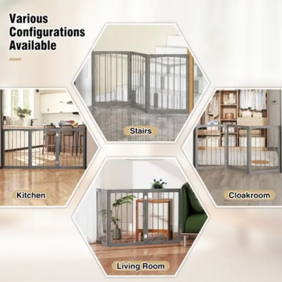 Costway 30&rdquo; Tall Pet Gate Wooden Dog Fence w/180&deg; Rotation 3-Panel Room Divider Barrier for Doorway Hallway Stairs Gray image {5}