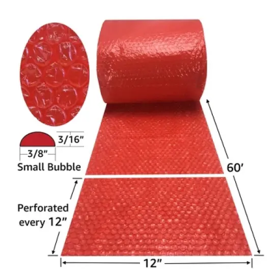 UBMOVE Small Red Bubble Roll Wrap- 60' Long x 12" Wide, Perforated Every 12" image {1}