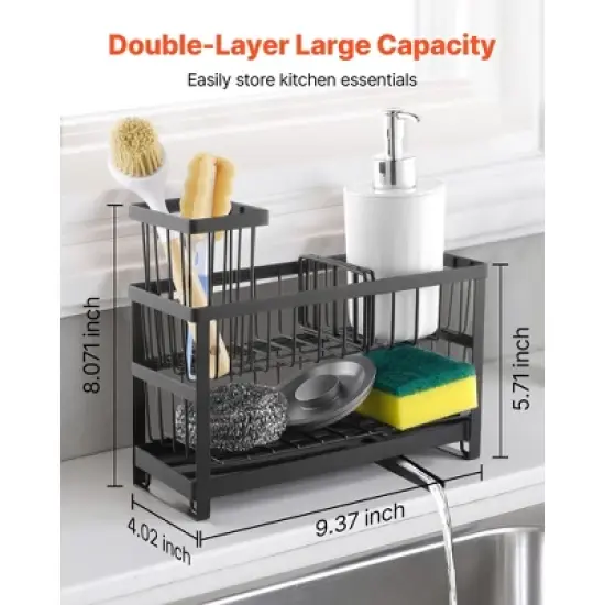 VEVOR Kitchen Sink Caddy Organizer, 2 Tier Sponge Holder for Kitchen Sink with High Brush Holder & Divider, Black image {2}