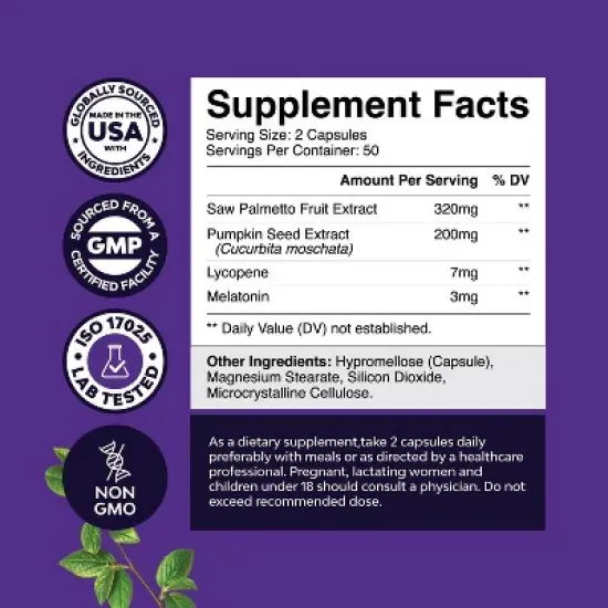 Saw Palmetto PM Capsules, Reduce Night Urination Frequency and Overactive Bladder with Lycopene Pumpkin Seed and Melatonin, Nature's Craft, 100ct image {2}