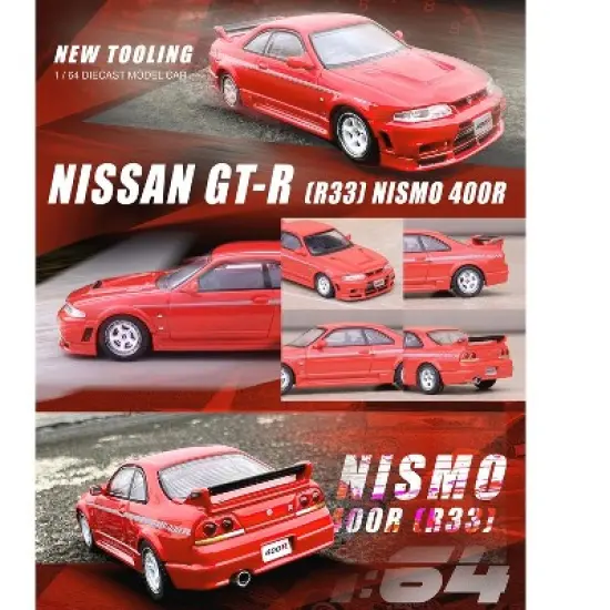 Nissan Skyline GT-R (R33) Nismo 400R RHD Super Clear Red II with Silver Stripes 1/64 Diecast Model Car by Inno Models image {2}