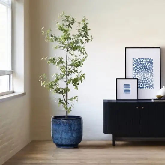 LuxenHome 12-Inch Ocean Blue Ceramic Planter Indoor Outdoor Plant Pot with Drainage Hole and Plug Modern Glazed Round Flower Pot Planter image {3}