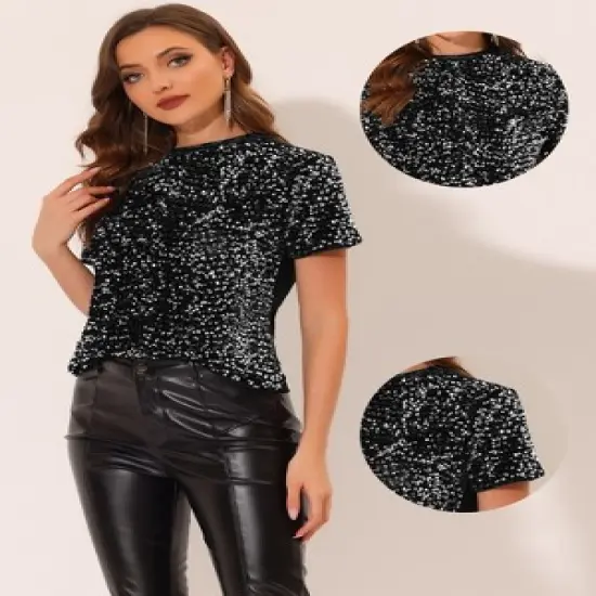 Allegra K Women's Sequin Velvet Crew Neck Short Sleeve T-shirt image {1}