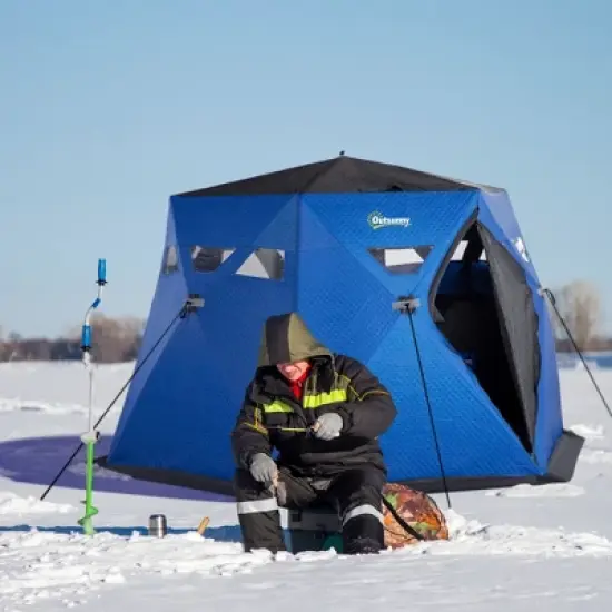 Outsunny 4 Person Insulated Ice Fishing Shelter 360-Degree View, Pop-Up Portable Ice Fishing Tent with Carry Bag, Two Doors and Anchors, Dark Blue image {2}