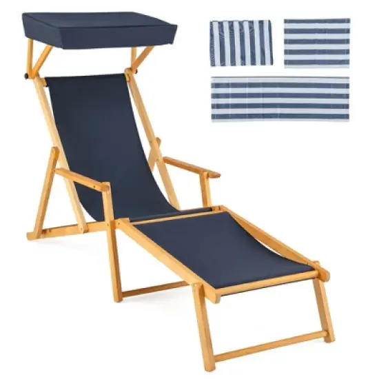 Costway Birch Wood Chaise Lounge Chair with Adjustable Canopy Reclining Backrest & Footrest Brown/Navy image {10}