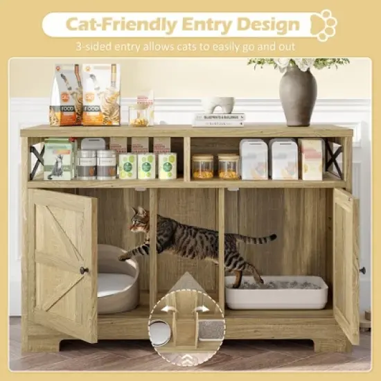 Nicbex 47" Farmhouse Indoor Cat House End Table with Storage,Double Hidden Litter Box Enclosure for 2 Cats,Cat Furniture for Indoor Cats,Brown image {4}