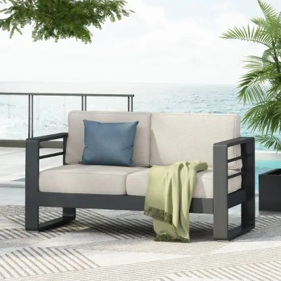 Modern Outdoor Aluminum Loveseat,2 Seater Patio Armrests Sofa with Metal Frame and Cushions,Garden Furniture for Small Spaces-Coolbibila image {7}