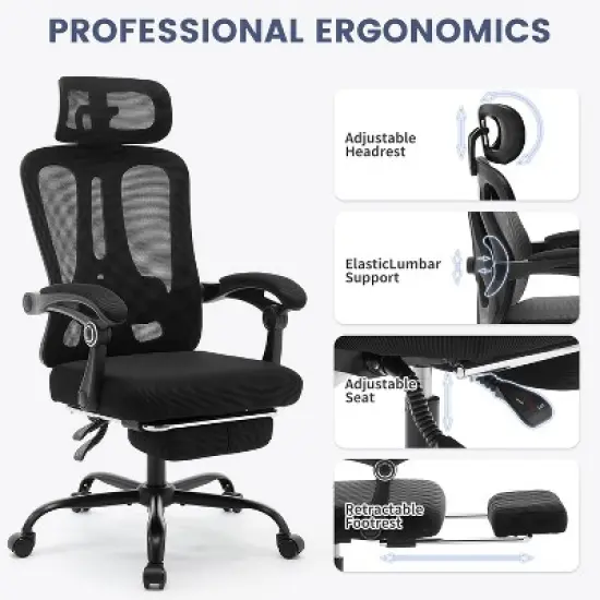 Ergonomic Office Chair with Adjustable Lumbar Support & Footrest, High-Back Mesh Computer Chair, 400LB Capacity for Home, Office, and Gaming image {1}