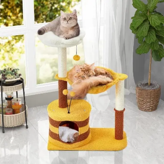 EROMMY 36.6" Flower Cat Tree with Well-padded Perch, Cat Tower with Sisal Scratching Posts and Interactive Toys, Yellow image {2}