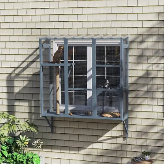PawHut Catio Outdoor, Cat Window Catio for 2-3 Large Indoor Cats with 2 Jumping Platforms, Scratching Post, Cat Window Box for Playing, Sunbathing image {2}