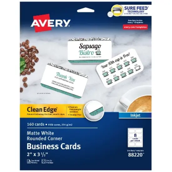 Avery Clean Edge Printable Business Cards with Sure Feed Technology, Rounded Corners, 2" x 3.5", White, 160 Blank Cards for Inkjet Printers (88220) image {9}