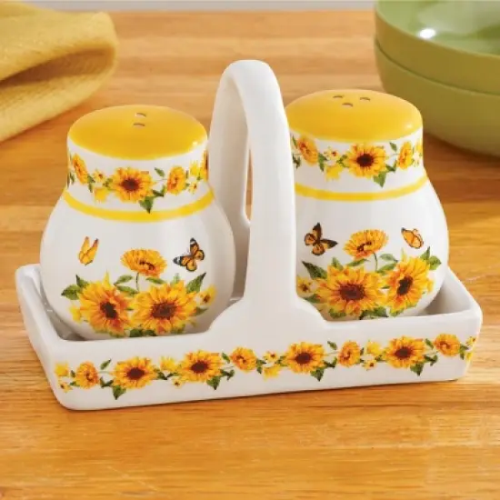 Collections Etc Hand-Painted Sunflower Salt & Pepper Shakers with Basket 2.25 X 2.25 X 2.75 image {1}