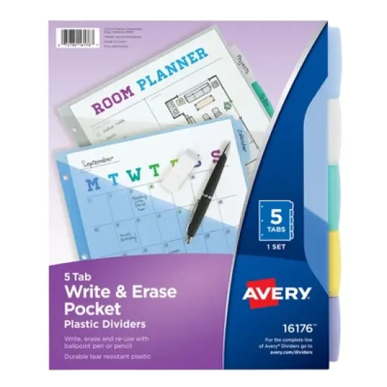 Avery&reg; Write & Erase Durable Plastic Dividers with Pockets, 5-Tab Set, Multicolor, 3 Sets image {1}