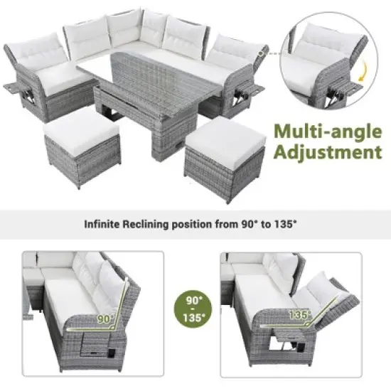 5-Piece Outdoor Rattan Furniture Set Patio Conversation Set with Recliners, Adjustable Table & Ottomans-- Frevyn image {3}