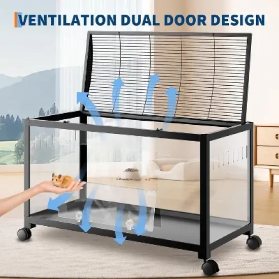 Acekool Large 3-Tier Hamster Cage, Metal & Glass Small Animal Habitat with Wheel, Deep Bottom, Ramps & Accessories, Black image {5}