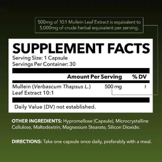 Mullein Leaf Capsule for Respiratory Health,  5000mg Extract 10:1 for Lung Support and Immune Function, Havasu Nutrition, 30ct image {2}