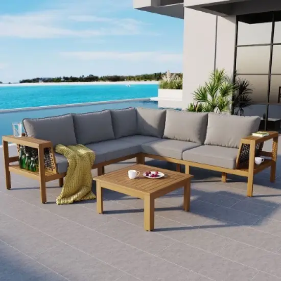 Outdoor 4-Pieces L-Shaped Sectional Sofa, Acacia Frame Sofa with Woven Mesh Armrests and Table, Sofa with Polyester Cushions&ndash;Cuddlewood image {8}