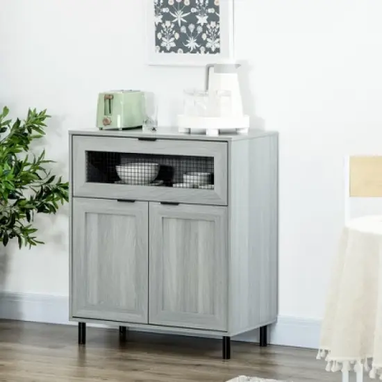 HOMCOM Industrial Buffet Cabinet, Kitchen Sideboard with Metal Grid Flip Drawer, 2-Tier Cabinet, Adjustable Shelf for Living Room, Dining Room, Gray image {2}