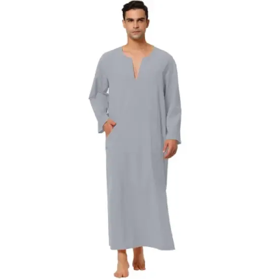 Lars Amadeus Men's Cotton V-Neck Side Split Long Night Gown with Pocket image {7}
