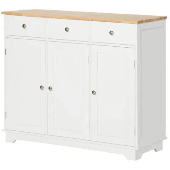 HOMCOM Modern Sideboard with Drawers, Buffet Table with Storage Cabinets, Rubberwood Top and Adjustable Shelves for Living Room, Kitchen, White image {3}