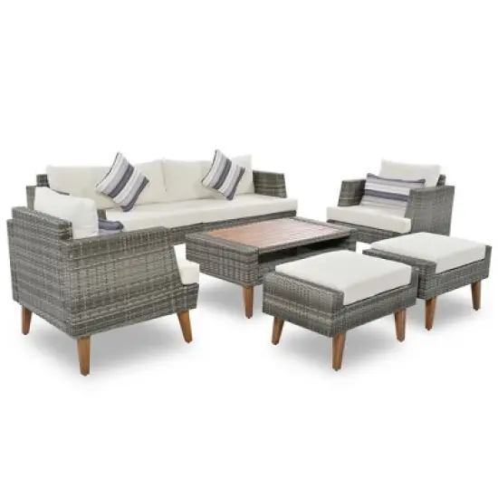 FIONECA 6-Piece All-Weather PE Wicker Outdoor Sofa Set with Double Cushions, Wood Legs & Tabletop, Beige and Gray Rattan Patio Furniture image {8}