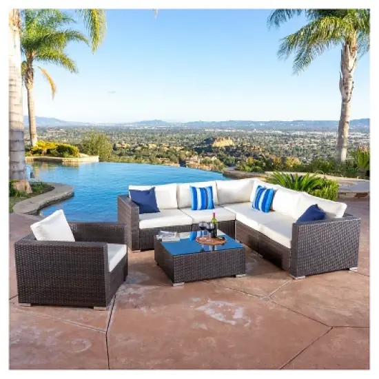 Santa Rosa 7pc Wicker Patio Seating Sectional Set with Cushions - Multi Brown with Beige Cushions - Christopher Knight Home image {2}