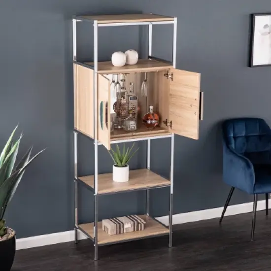 Befail Tall Bar Cabinet with Wine Storage Natural/Chrome - Aiden Lane image {2}