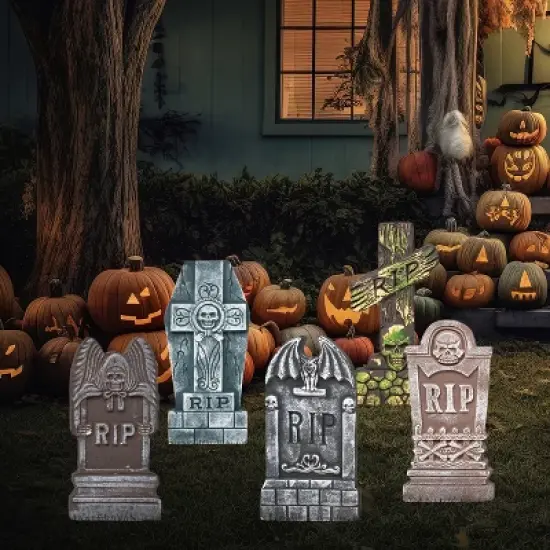 Joyfy 5pcs 17" Halloween Foam RIP Graveyard Tombstones with 12 Metal Stakes, Halloween Tombstones Cemetery Decorations for Haunted House Yard Lawn image {8}
