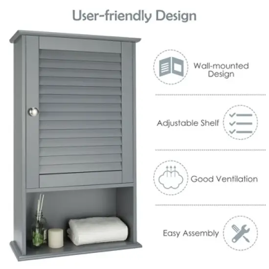 Costway Bathroom Wall Mount Storage Cabinet Single Door w/Height Adjustable Shelf Grey image {5}