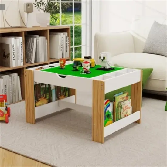 YONWAY Kids 2 in 1 Play Table,Compartments,Compatible with LEGO Building Block,Modern Activity Learning Table Game Furniture-White image {9}