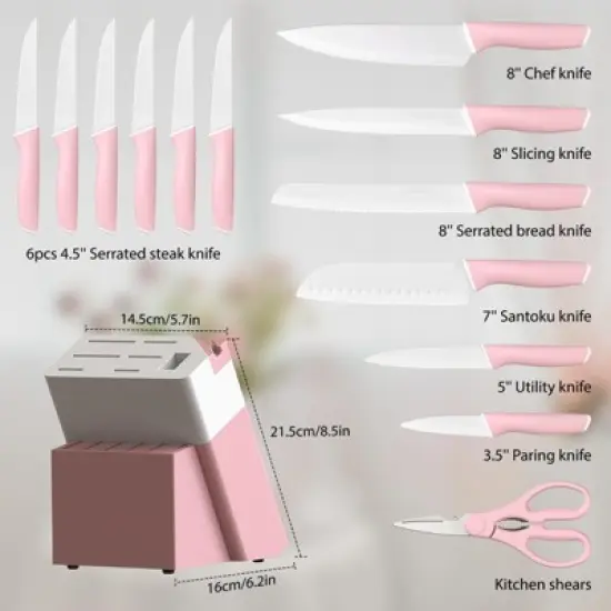 Itopfox Knife Set with Block and Sharpener, 15-Piece German Stainless Steel Knives, Ceramic Coating, Sharp Blade, Dishwasher Safe, Ergonomic Handle image {5}