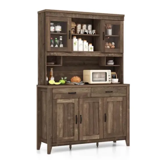 Costway Kitchen Pantry Cabinet with Microwave Countertop Double Glass Doors 2 Drawers image {9}