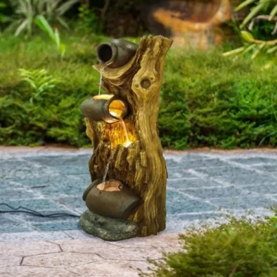 NAYSAYE Fountain Three Tier Tree Trunk Water Feature with Cascading Basins for Garden Patio, Brown, 12.4"*11.6"*37.8" image {5}