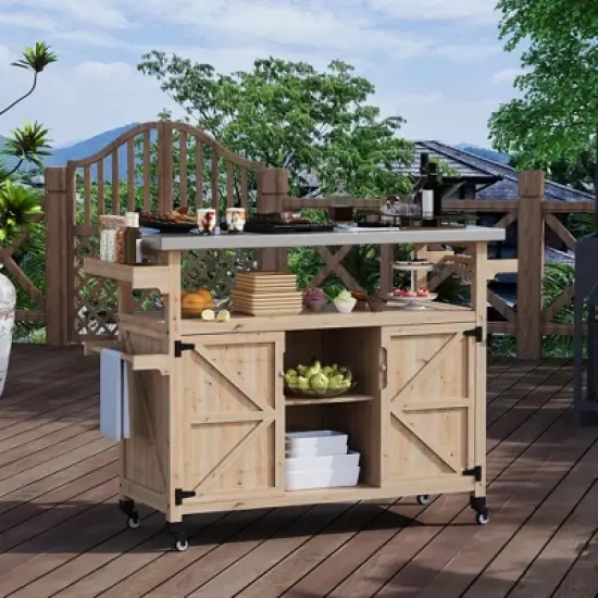 Outdoor Grill Cart with Storage Cabinet, Movable Prep Station with Stainless Steel Tabletop, Lockable Wheels for Patio BBQ image {9}