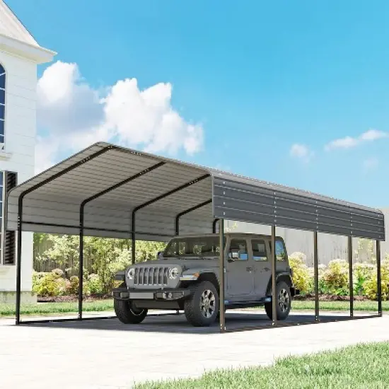 Real Relax Heavy Duty Metal Carport, Outdoor Garage Car Shelter Shade with Heavier Metal Frame, Galvanized Metal Roof for Car and Boats, Grey image {9}