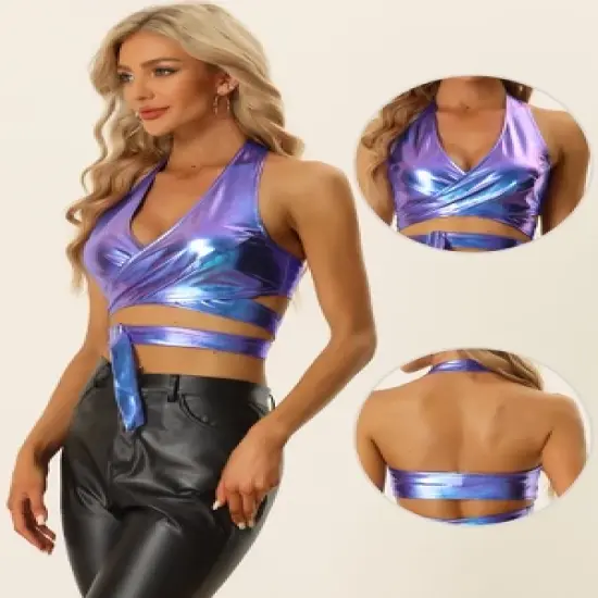 Allegra K Metallic Halter Neck Top for Women's Deep V Neck Backless Holographic Crop Tops image {1}