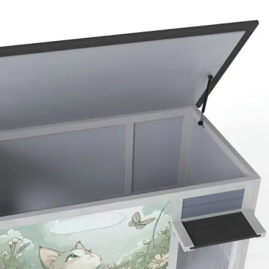 Resenkos Elevated Cat Shelter, Weatherproof Feral Home With High Legs, Curtained & Escape Door, Openable Top, Gray image {2}