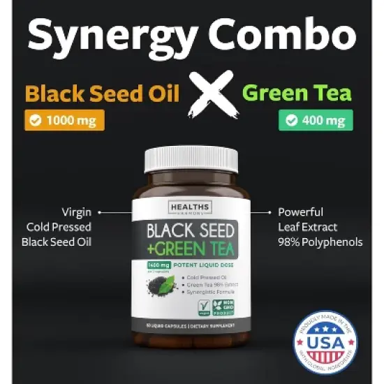 Black Seed Oil + Green Tea Liquid Capsules, Cold-Pressed Nigella Sativa with Green Tea Extract for Wellness & Energy Support, Health's Harmony, 60ct image {1}