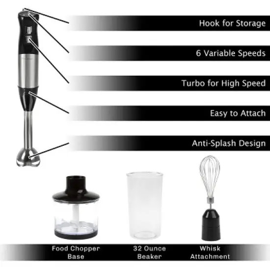 6-Speed Immersion Blender - 4-in-1 Hand Mixer with Whisk, Food Processor Cup, and 32oz Beaker for Soup, Smoothies, and More by Classic Cuisine (Black) image {1}