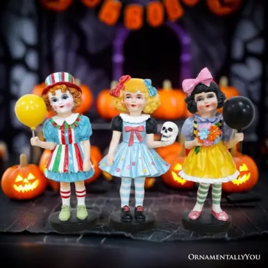 Victorian Masquerade Girl Trio, 6" Trick or Treat Clown Figurines and Hauntingly Elegant Halloween Decor| OrnamentallyYou image {5}