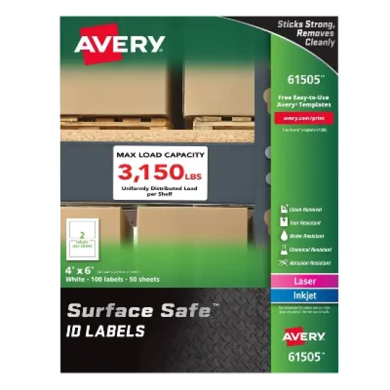 Avery Surface Safe ID Labels, 4" x 6", Water Resistant, Matte White, Removable Adhesive, 100 Labels (61505) image {8}